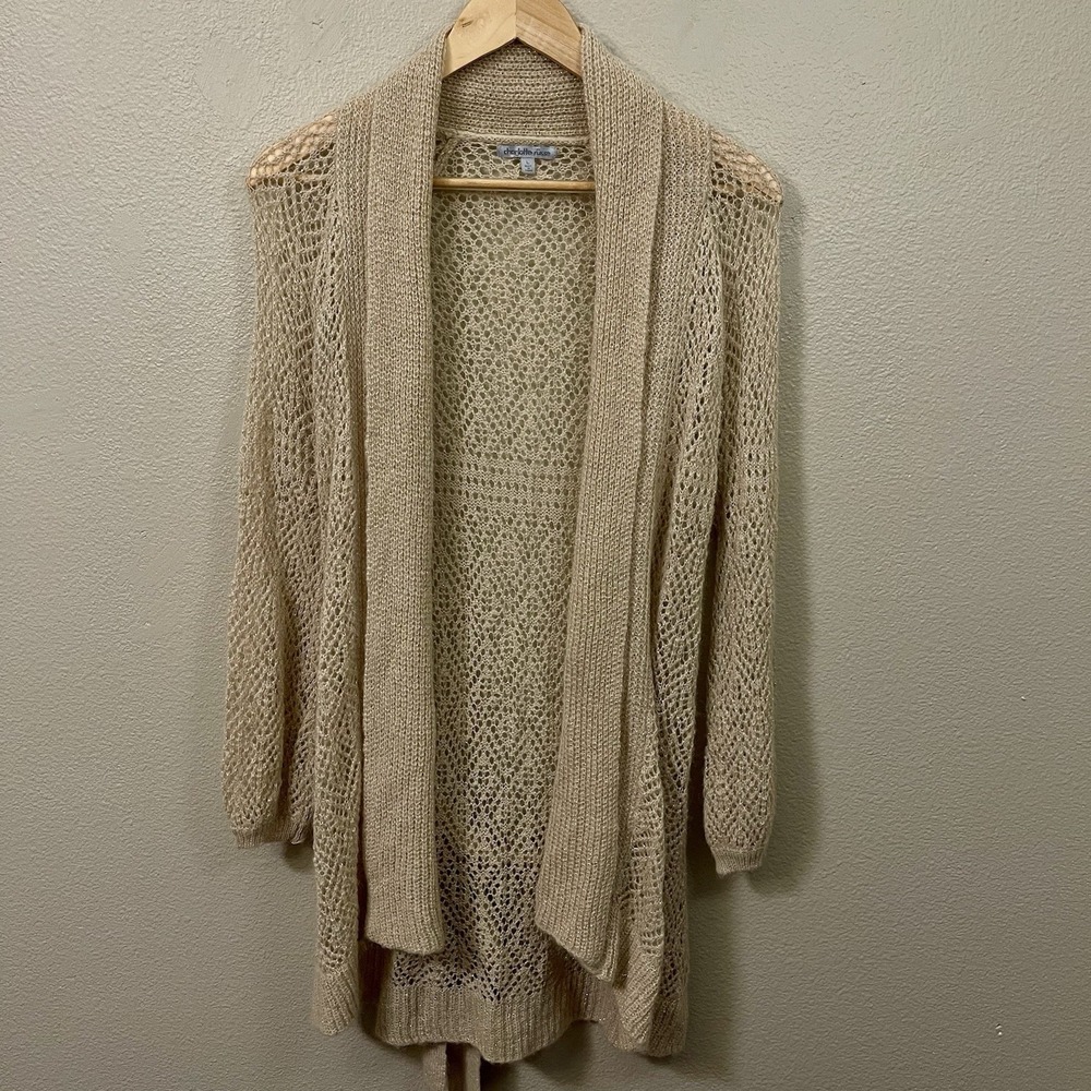 Charlotte Russe Long Delicate Open Knit Cardigan Beige Gold Light Fairy Tie Sz L